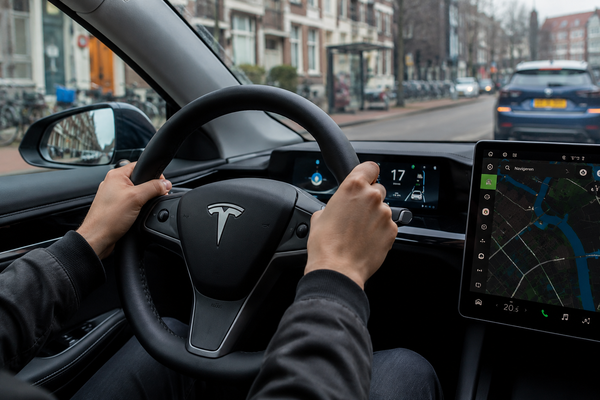 Bestuurder rijdt in Tesla met navigatiescherm en dashboard zichtbaar tijdens rit door stad