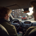 Man bestuurt auto tijdens rit door stad met dashboard en stuur zichtbaar