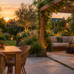 Gezellige tuinlounge bij zonsondergang